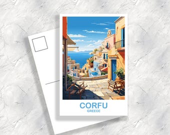 May include: A postcard featuring a colorful illustration of a street scene in Corfu, Greece. The postcard shows a narrow street lined with colorful buildings, with a view of the sea in the background. The text "CORFU GREECE" is printed at the bottom of the postcard.