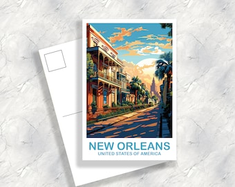 Op de afbeelding: Een ansichtkaart in vintage stijl met een kleurrijke illustratie van een straat in New Orleans, Louisiana. De ansichtkaart heeft de tekst "NEW ORLEANS" en "UNITED STATES OF AMERICA" erop gedrukt.