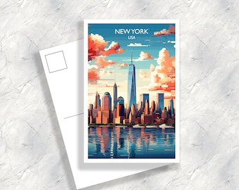 New York Travel Postcard, Manhattan Skyline, New York Postcard Art, Big Apple Postcard, City Skyline Sunset Art, Travel Art | T1NA_NYNY1_P