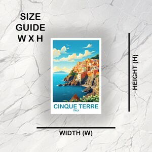 May include: A colorful illustration of the Cinque Terre region of Italy, featuring a seaside town with colorful buildings, a blue sky with white clouds, and a turquoise ocean. The text "Cinque Terre" and "Italy" is printed below the image.