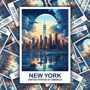 Adesivo da viaggio a New York, Adesivo Skyline di Manhattan, Adesivo di New York, Adesivo Grande Mela, Adesivo luminoso e vibrante / T2NA_NYNY2_S