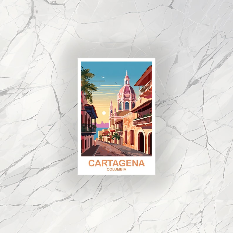 May include: A postcard illustration of a street scene in Cartagena, Colombia. The street is lined with colorful buildings, and there is a large church in the background. The sky is blue and there are palm trees on either side of the street. The text on the postcard reads 'Cartagena, Colombia'.