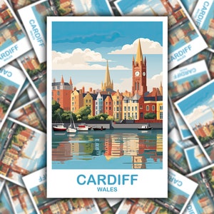 May include: A postcard featuring a colourful illustration of the Cardiff skyline, including a tall clock tower, with a reflection of the city in the water below. The text "CARDIFF WALES" is printed at the bottom of the postcard.