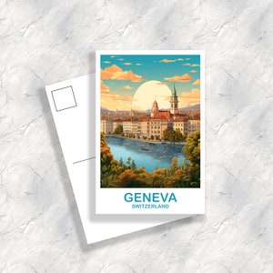 Geneva Travel Postcard Art, Geneva Switzerland Postcard Art, Switzerland Art Postcard, City Skyline Sunset Art | T2EU_SWGE2_P