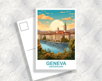 Art de carte postale de voyage à Genève, Art de carte postale d'art de Genève, Suisse, Art de carte postale d'art de Suisse, Art de coucher de soleil d'horizon de ville | T2EU_SWGE2_P