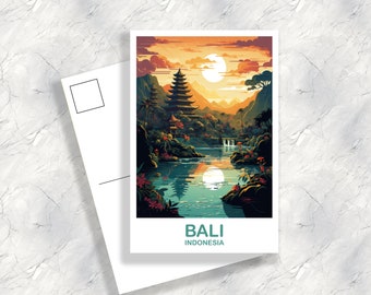 Carte postale de voyage à Bali, horizon de Bali, carte postale de Bali Indonésie, oeuvre de carte postale horizon de la ville, coucher de soleil vibrant, carte postale de voyage | T2AS_INDBA1_P