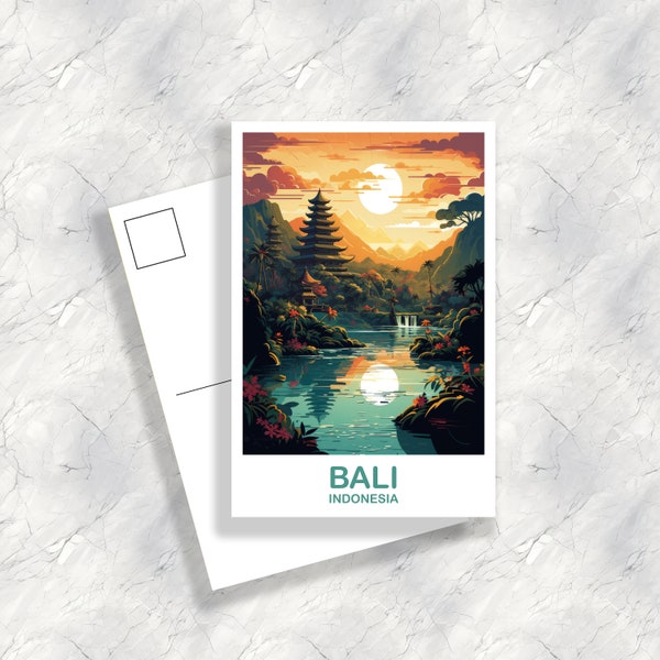 Bali Travel Postcard Art, Bali Skyline, Bali Indonesia Postcard, City Skyline Postcard Art, Vibrant Sunset, Travel Postcard | T2AS_INDBA1_P