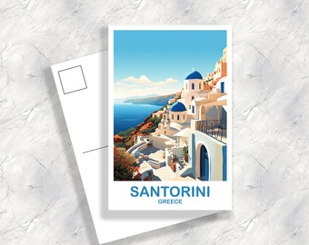 May include: A postcard featuring a colorful illustration of white buildings with blue domes in Santorini, Greece. The postcard has the text "Santorini, Greece" at the bottom.