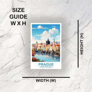 May include: A colorful illustration of Prague, Czech Republic, with a bridge over a river and buildings in the background. The text "PRAGUE" and "CZECH REPUBLIC" is below the image.