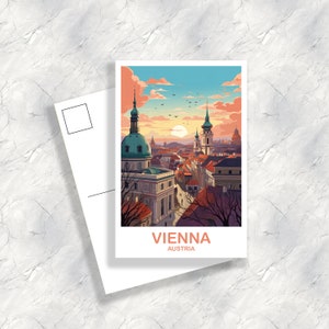 Carte postale de voyage à Vienne, Art de voyage en Autriche, Carte postale de Vienne, Carte postale de voyage en Autriche, Carte postale de coucher de soleil sur les toits de la ville | T2EU_AUVI1_P