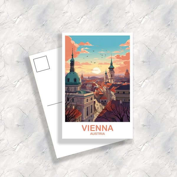 Wien Reise Postkarte Kunst, Österreich Reise Kunst, Wien Postkarte, Österreich Reise Postkarte, Stadt Skyline Sonnenuntergang Postkarte | T2EU_AUVI1_P