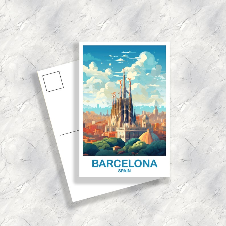 Pode incluir: Um cart&atilde;o postal com uma ilustra&ccedil;&atilde;o colorida da bas&iacute;lica da Sagrada Fam&iacute;lia em Barcelona, Espanha. O cart&atilde;o postal tem o texto "BARCELONA" e "ESPANHA" impresso nele.