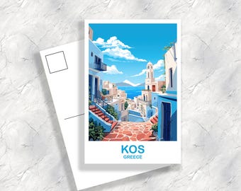 May include: A postcard featuring a stylized illustration of Kos, Greece. The image depicts a street scene with white buildings, blue accents, and a view of the sea under a bright blue sky. The word "KOS" and "GREECE" are printed at the bottom.