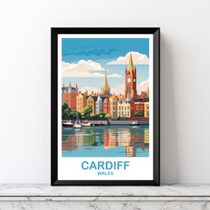 May include: A colourful illustration of the Cardiff skyline, featuring a clock tower and waterfront with boats. The text "CARDIFF WALES" is at the bottom of the image.