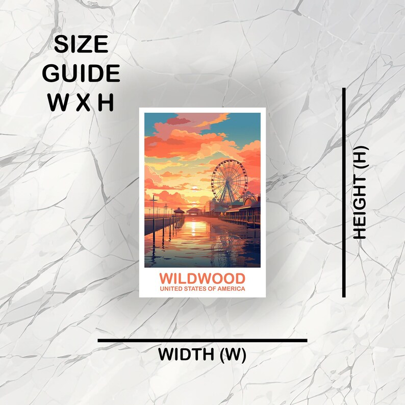 May include: A rectangular print featuring a vibrant sunset over a pier with a Ferris wheel. The print includes the text "WILDWOOD UNITED STATES OF AMERICA". The image is set against a white background with size guide labels.