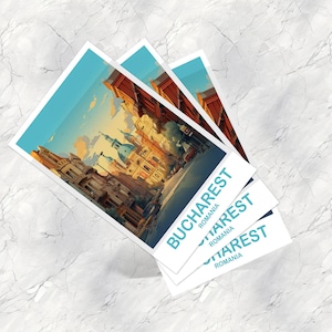May include: Three postcards stacked on top of each other, featuring a colorful illustration of a city street scene. The text on the postcards reads "Bucharest, Romania".