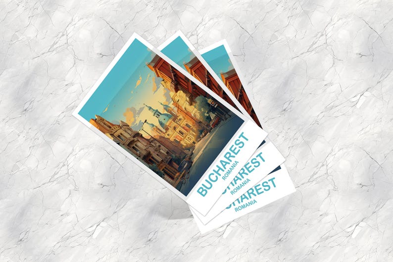 May include: Three postcards stacked on top of each other, featuring a colorful illustration of a city street scene. The text on the postcards reads "Bucharest, Romania".