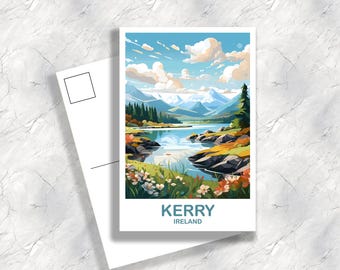 以下が含まれることがあります： アイルランド、ケリーの風景イラストが描かれたポストカード。湖、山、木々、花が青い空と雲の下に描かれています。「KERRY」と「IRELAND」の文字がポストカードの下部に印刷されています。