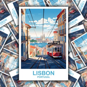 Arte em autocolante de viagem de Lisboa, Arte em autocolante de viagem em Portugal, Arte em parede de Lisboa, Autocolante em arte de viagem na Europa, Arte em pôr do sol do horizonte da cidade | T2EU_POLI3_S