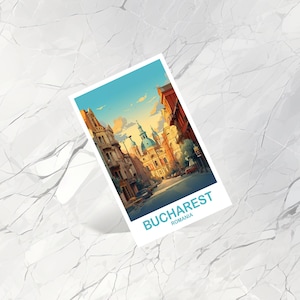 May include: A postcard with a photo of a street in Bucharest, Romania. The photo shows a street lined with buildings, with a church in the background. The text "BUCHAREST" and "ROMANIA" is printed on the postcard.