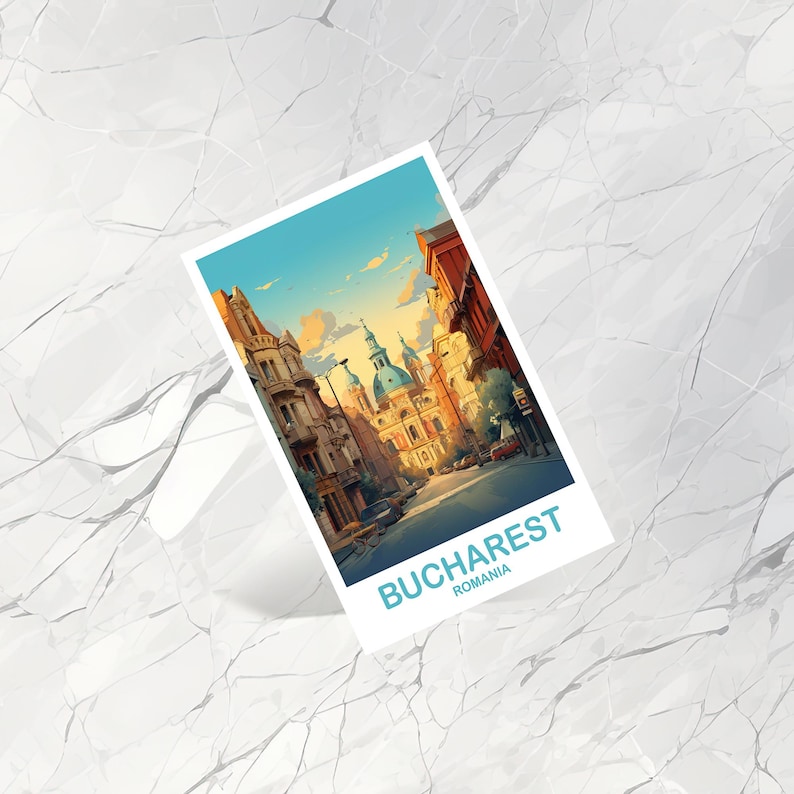 May include: A postcard with a photo of a street in Bucharest, Romania. The photo shows a street lined with buildings, with a church in the background. The text "BUCHAREST" and "ROMANIA" is printed on the postcard.