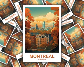 May include: A vintage-style postcard featuring a colorful illustration of the Montreal skyline with fall foliage in the foreground. The text "MONTREAL CANADA" is printed in orange at the bottom of the postcard.