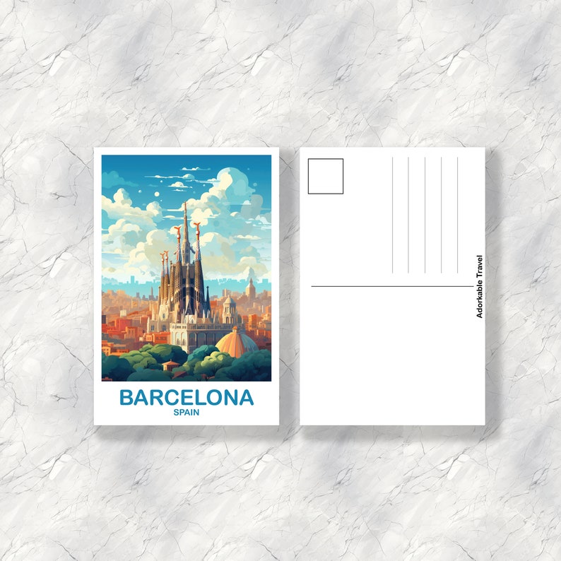 Pode incluir: Um cart&atilde;o postal com uma ilustra&ccedil;&atilde;o colorida da bas&iacute;lica da Sagrada Fam&iacute;lia em Barcelona, Espanha. O cart&atilde;o postal tem um c&eacute;u azul com nuvens brancas e o texto "BARCELONA SPAIN" na parte inferior.