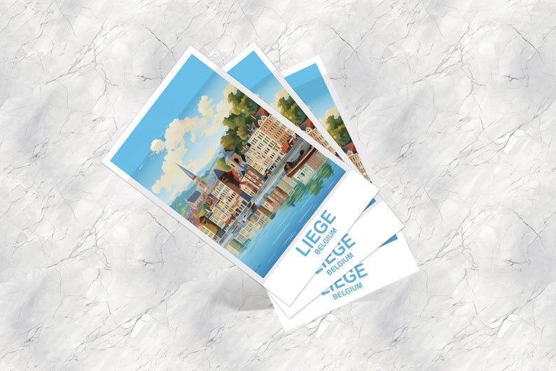 May include: A stack of three postcards featuring a scenic illustration of Li&egrave;ge, Belgium. The artwork depicts a waterside cityscape with buildings, a church spire, and a blue sky. The postcards have the text "LIEGE BELGIUM" in a light blue font.