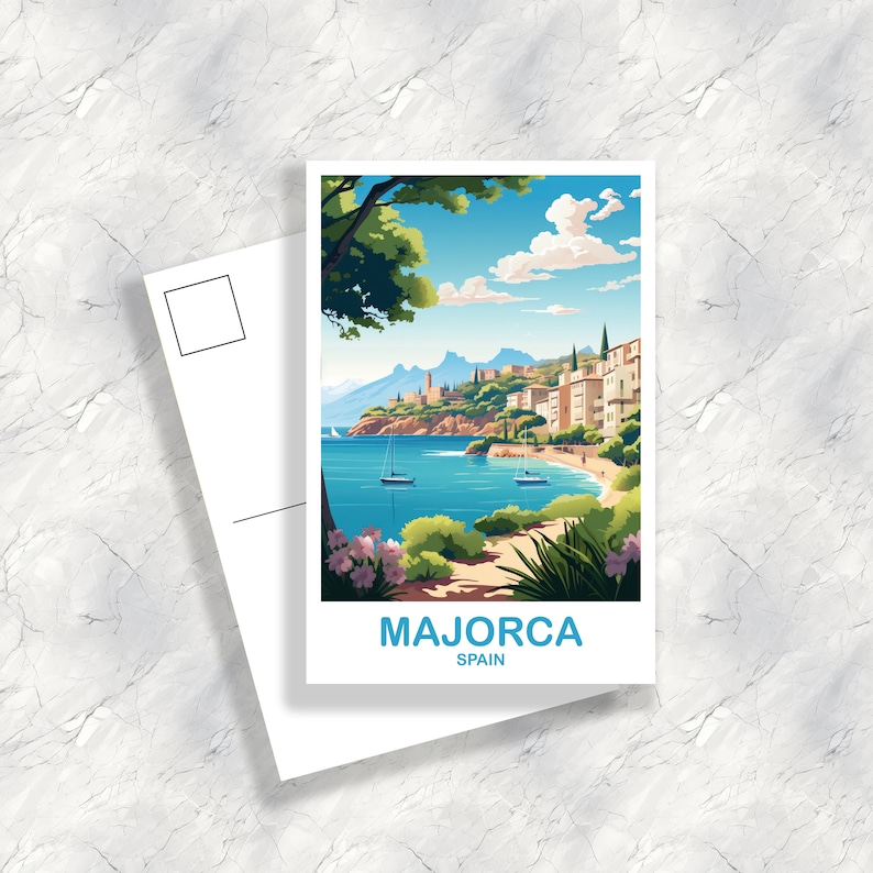 May include: A postcard featuring a colorful illustration of a seaside town in Majorca, Spain. The postcard shows a view of the town from the water, with boats in the bay and lush green trees in the foreground. The text "MAJORCA SPAIN" is printed at the bottom of the postcard.