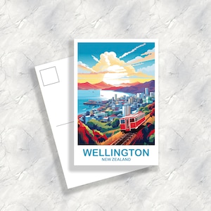Carte postale de voyage Wellington, art de voyage en Nouvelle-Zélande, carte postale d'art de Wellington, art mural horizon de la ville, carte postale de Nouvelle-Zélande | T2AU_NZWE1_P