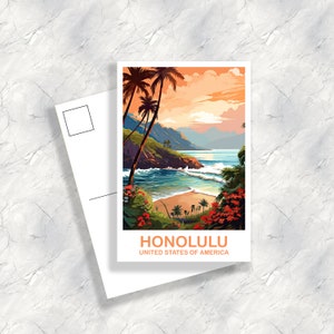Arte de postal de viaje de Honolulu, arte de postal de viaje de Hawái, postal de arte de pared de Honolulu, arte del horizonte de la ciudad, postal de viaje de EE. UU. / T2NA_HAHO1_P