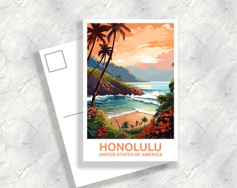 Honolulu Travel Postcard Art, Hawaii Travel Postcard Art, Honolulu Wall Art Postcard, City Skyline Art, USA Travel Postcard | T2NA_HAHO1_P