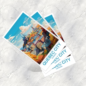 May include: Three postcards stacked on top of each other with a colorful illustration of Quebec City, Canada. The text on the postcards reads "Quebec City, Canada".
