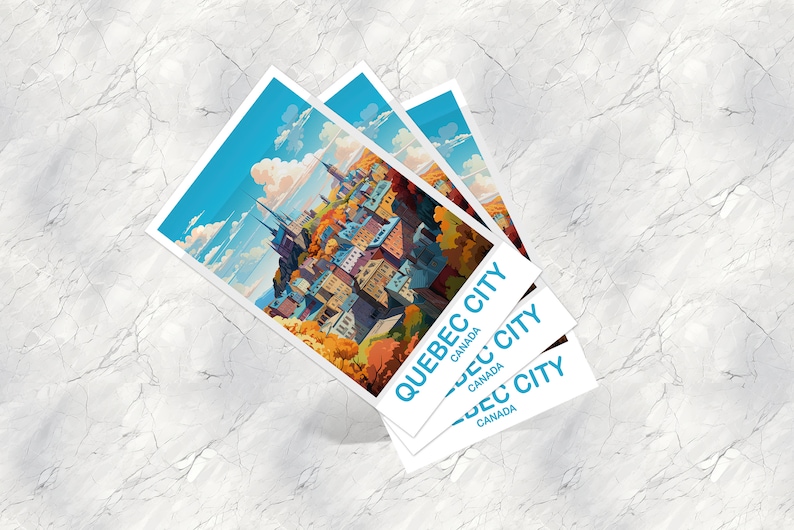 May include: Three postcards stacked on top of each other with a colorful illustration of Quebec City, Canada. The text on the postcards reads "Quebec City, Canada".