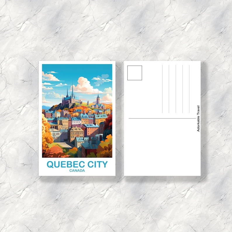 May include: A postcard featuring a colorful illustration of Quebec City, Canada. The postcard shows a cityscape with buildings and a church on a hill. The text "QUEBEC CITY" and "CANADA" is printed on the postcard.
