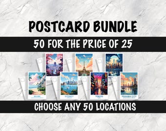 50 Custom Travel Postcards, Travel Postcard Set, Set of 50 City Postcards, Any 50 Locations, Personalized City Postcards, Travel Bundle