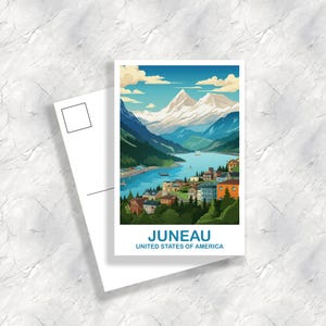 Carte postale de voyage en Alaska de Juneau, Carte postale en Alaska de Juneau, art de voyage en Alaska, carte postale de l'Alaska, art de Juneau, carte postale de voyage | T2NA_ALJU1_P