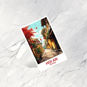 May include: A postcard featuring a colorful illustration of a narrow street in Hoi An, Vietnam. The street is lined with yellow buildings and red lanterns hang overhead.