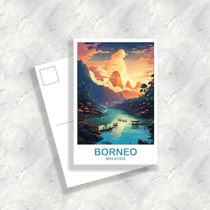 Arte de postal de viaje de Borneo, postal de Borneo Malasia, postales de la ciudad, postal asiática, postal de Malasia, postal de viaje / T2AS_MABO1_P
