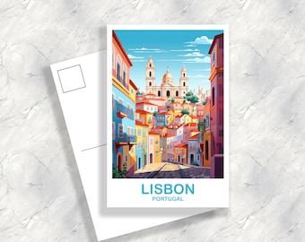 May include: A postcard featuring a colorful illustration of Lisbon, Portugal. The postcard shows a street lined with buildings, with a church in the background. The text "LISBON PORTUGAL" is printed at the bottom of the postcard.