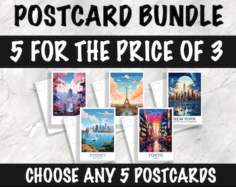 5 Custom Travel Postcards, Travel Postcard Set, Set of Five City Postcards, Any Five Locations, Personalized City Postcards, Travel Bundle