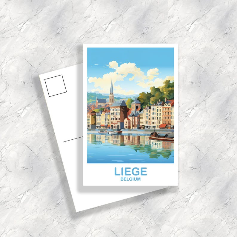 May include: A postcard featuring a colorful illustration of Liege, Belgium, with buildings along a river under a blue sky with clouds. The word "LIEGE" and "BELGIUM" are printed at the bottom of the postcard. A blank postcard is next to it.