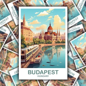 Arte de adesivo de viagem de Budapeste, adesivo de viagem de Hungria, adesivo de Budapeste, adesivo de pôr do sol do horizonte da cidade, adesivo de viagem | T2EU_HUBU1_S