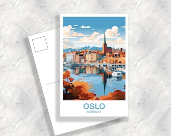 May include: A postcard featuring a colorful illustration of Oslo, Norway. The postcard shows a cityscape with buildings, a church, and boats on a body of water. The text "OSLO NORWAY" is printed at the bottom of the postcard.