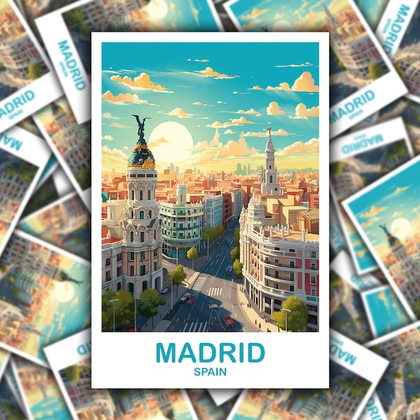 Madrid Spain Travel Sticker Art, Spain Travel Art, Madrid Sticker Art, Spain Travel Art Sticker, City Skyline Sunset Art | T2EU_SPMA1_S