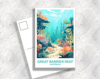 May include: A postcard featuring an underwater scene of the Great Barrier Reef in Australia. The illustration showcases colorful coral and marine life in shades of orange, yellow, and blue. The text "GREAT BARRIER REEF AUSTRALIA" is printed at the bottom.
