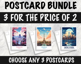 3 Custom Travel Postcards, Travel Postcard Set, Set of Three City Postcards, Any Three Locations, Personalized City Postcards, Travel Bundle