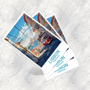 May include: Three postcards with a colorful illustration of a red tram traveling up a hill in Lisbon, Portugal. The text "LISBON PORTUGAL" is printed on each postcard.