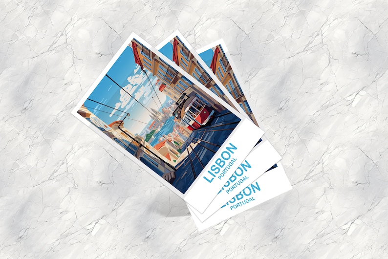 May include: Three postcards with a colorful illustration of a red tram traveling up a hill in Lisbon, Portugal. The text "LISBON PORTUGAL" is printed on each postcard.