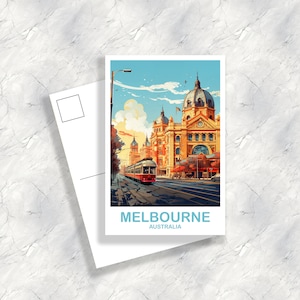 Art de carte postale de voyage de Melbourne, art de voyage en Australie, carte postale d'art de Melbourne, art mural horizon de la ville, Nouvelle-Galles du Sud | T2AU_NSWME1_P